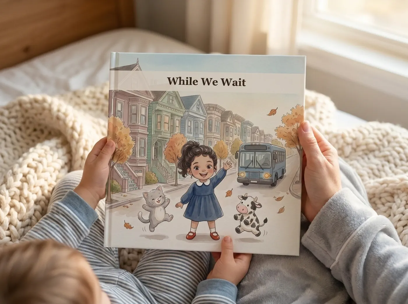 A child’s hands and a grown-up’s hand holding the hardcover of While We Wait on a bed.