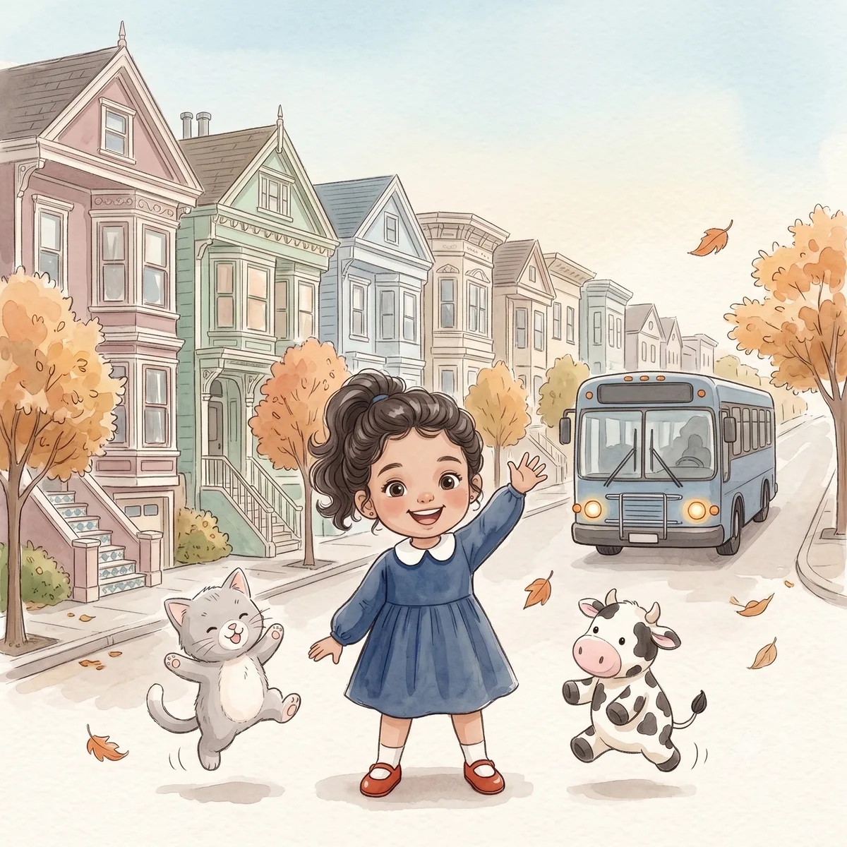 The hardcover of While We Wait: Mira waving in her street with her plush cat and plush cow.