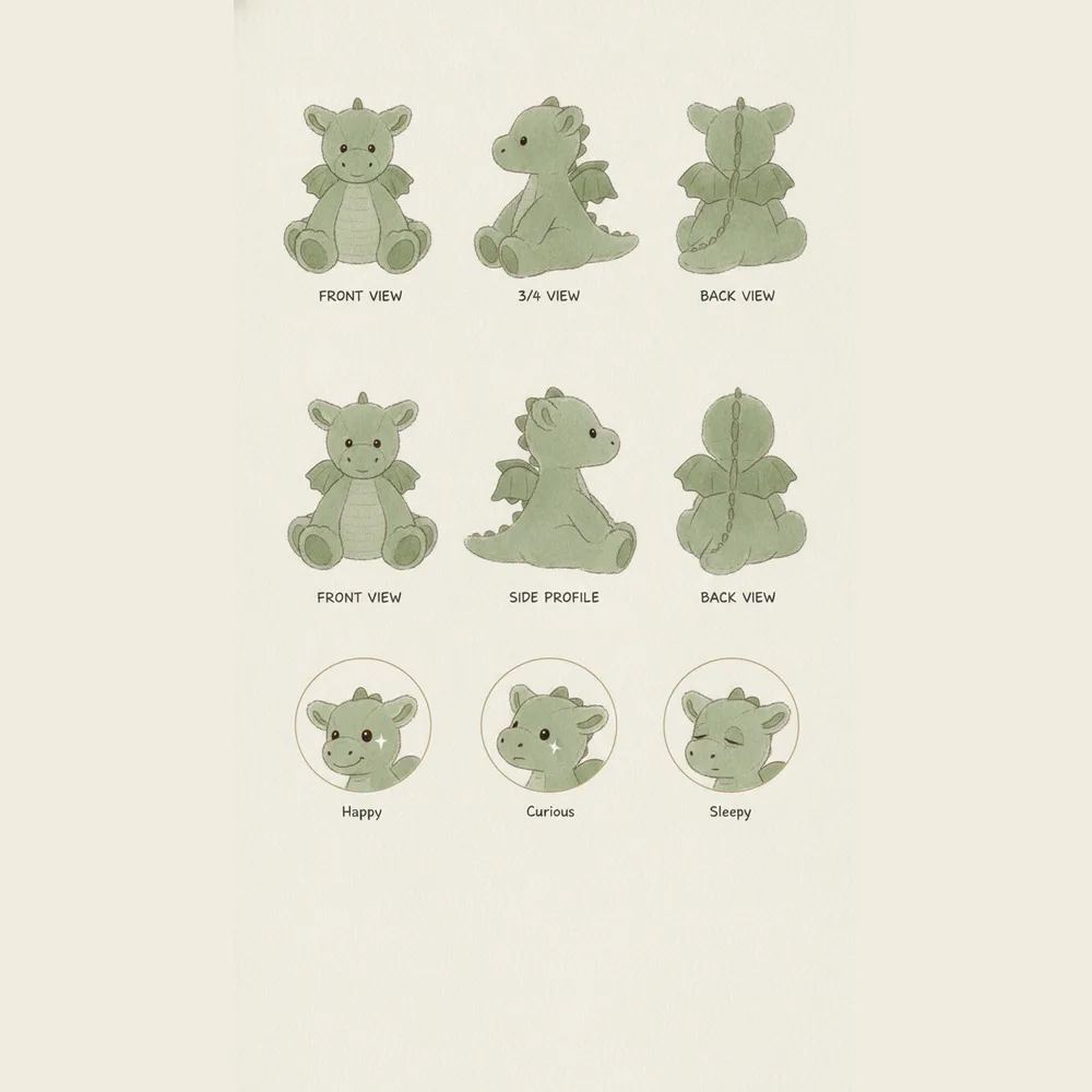 The same dragon drawn as a watercolor character, from every side and in three moods.