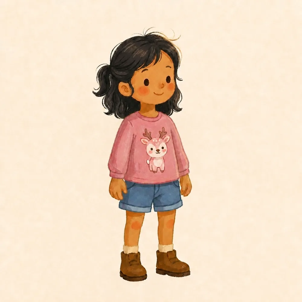 Mira painted in warm, sunlit gouache with bold flat color.